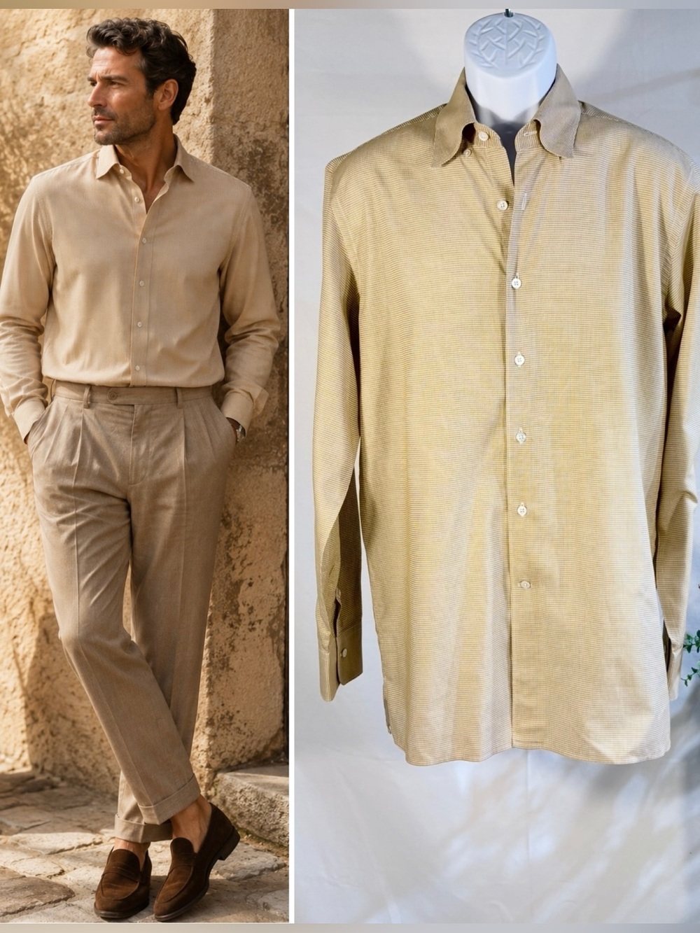 Canali Made in Italy Tan Micro Check 100% Cotton Button Down Dress Shirt~L🧡